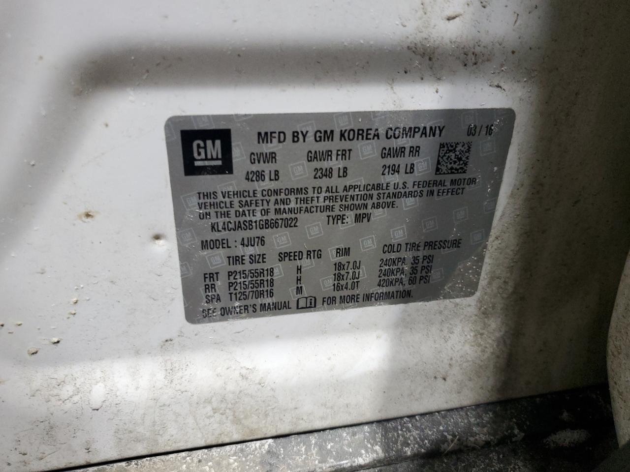 2016 Buick Encore VIN KL4CJASB1GB667022 Copart auction photo, front end damage thumbnail 13