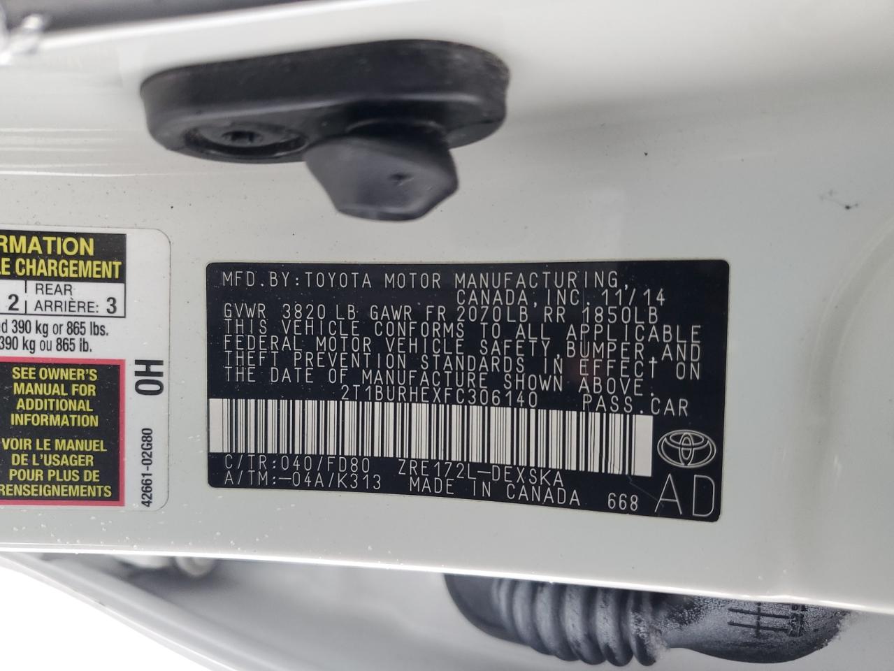 2015 Toyota Corolla VIN 2T1BURHEXFC306140 Copart auction photo, rear end damage thumbnail 12