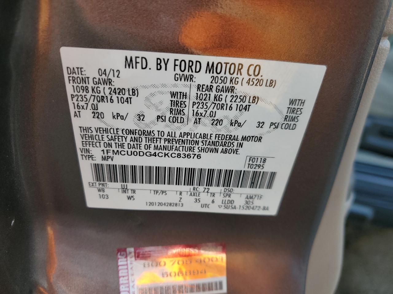 2012 Ford Escape VIN 1FMCU0DG4CKC83676 Copart auction photo, front end / minor dent/scratches damage thumbnail 14