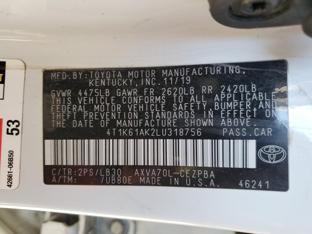 2020 Toyota Camry VIN 4T1K61AK2LU318756 Copart auction photo, front end damage thumbnail 12