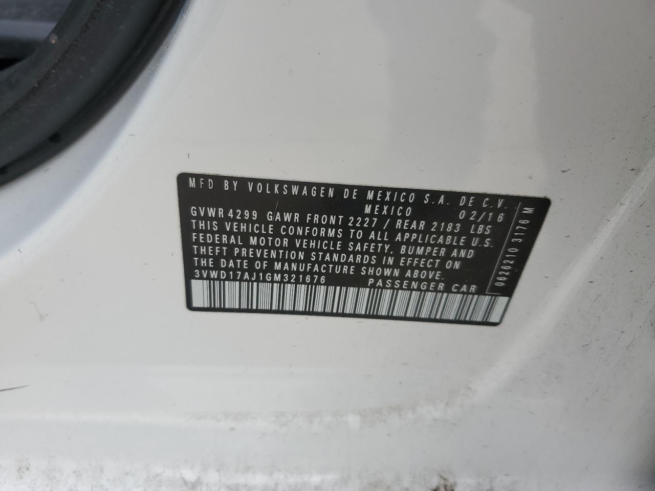 2016 Volkswagen Jetta VIN 3VWD17AJ1GM321676 Copart auction photo, front end damage thumbnail 14