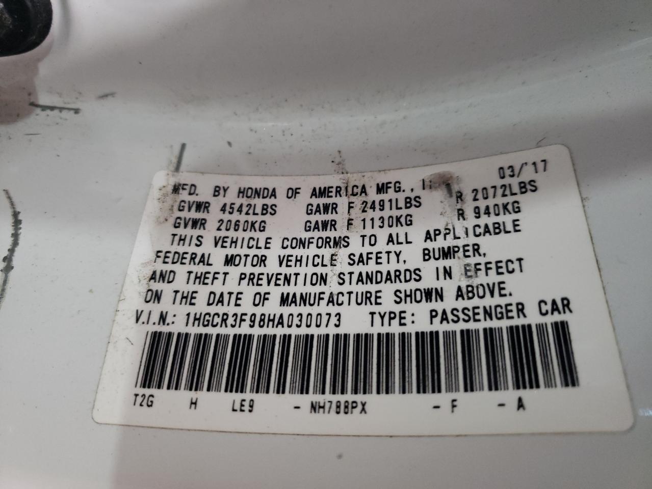 2017 Honda Accord VIN 1HGCR3F98HA030073 Copart auction photo, rear end damage thumbnail 13