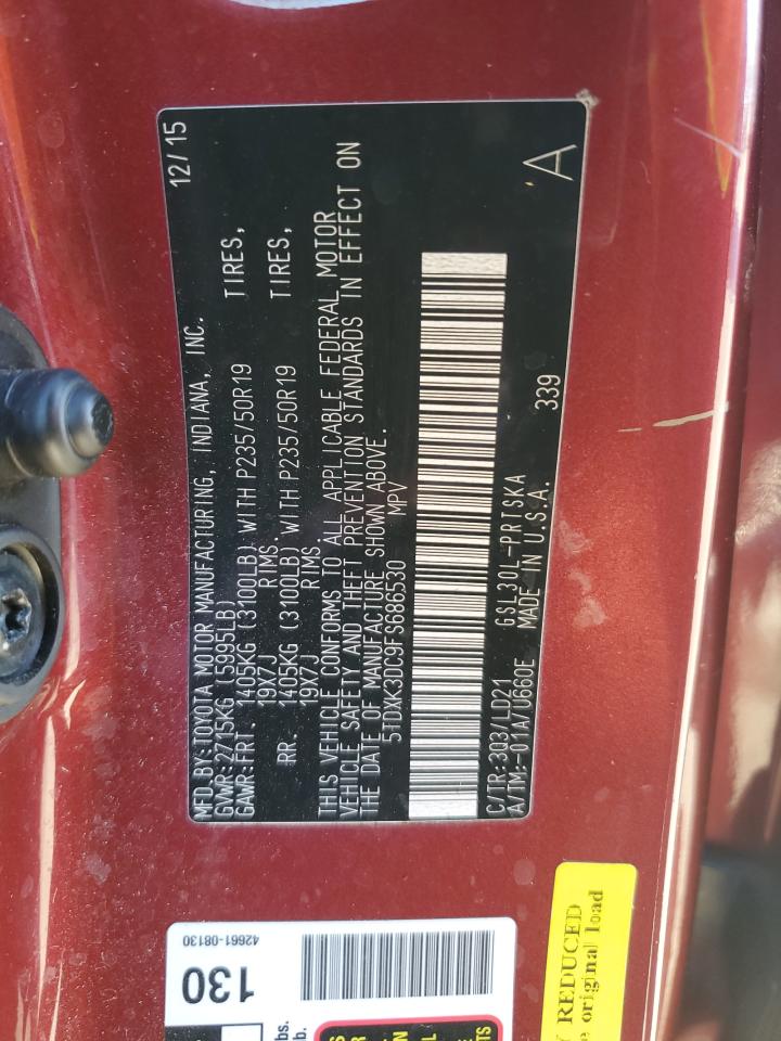 2015 Toyota Sienna VIN 5TDXK3DC9FS686530 Copart auction photo, rear end damage thumbnail 13