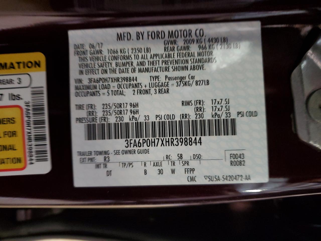 2017 Ford Fusion VIN 3FA6P0H7XHR398844 Copart auction photo, front end / minor dent/scratches damage thumbnail 13