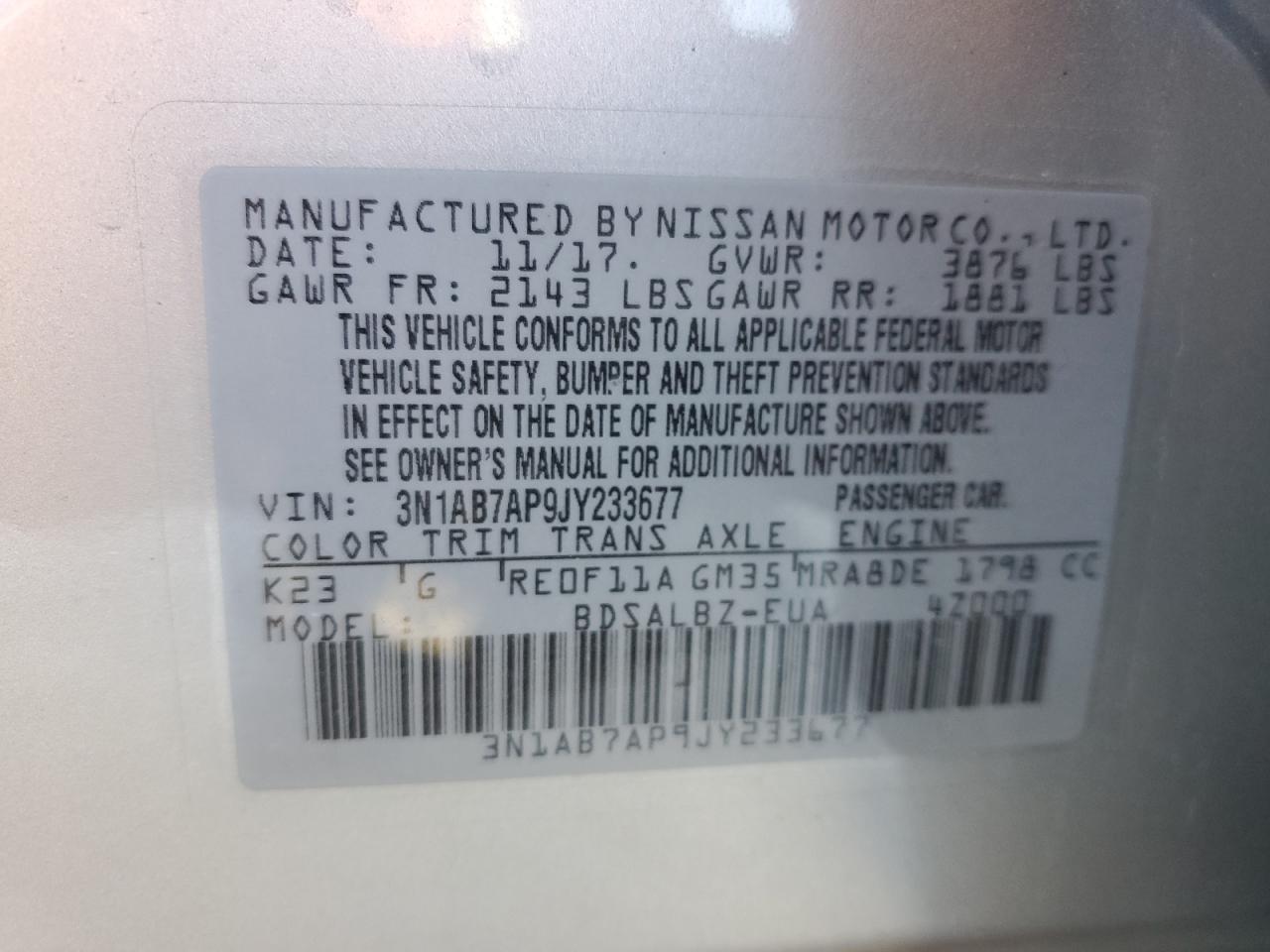 2018 Nissan Sentra VIN 3N1AB7AP9JY233677 Copart auction photo, front end / minor dent/scratches damage thumbnail 14