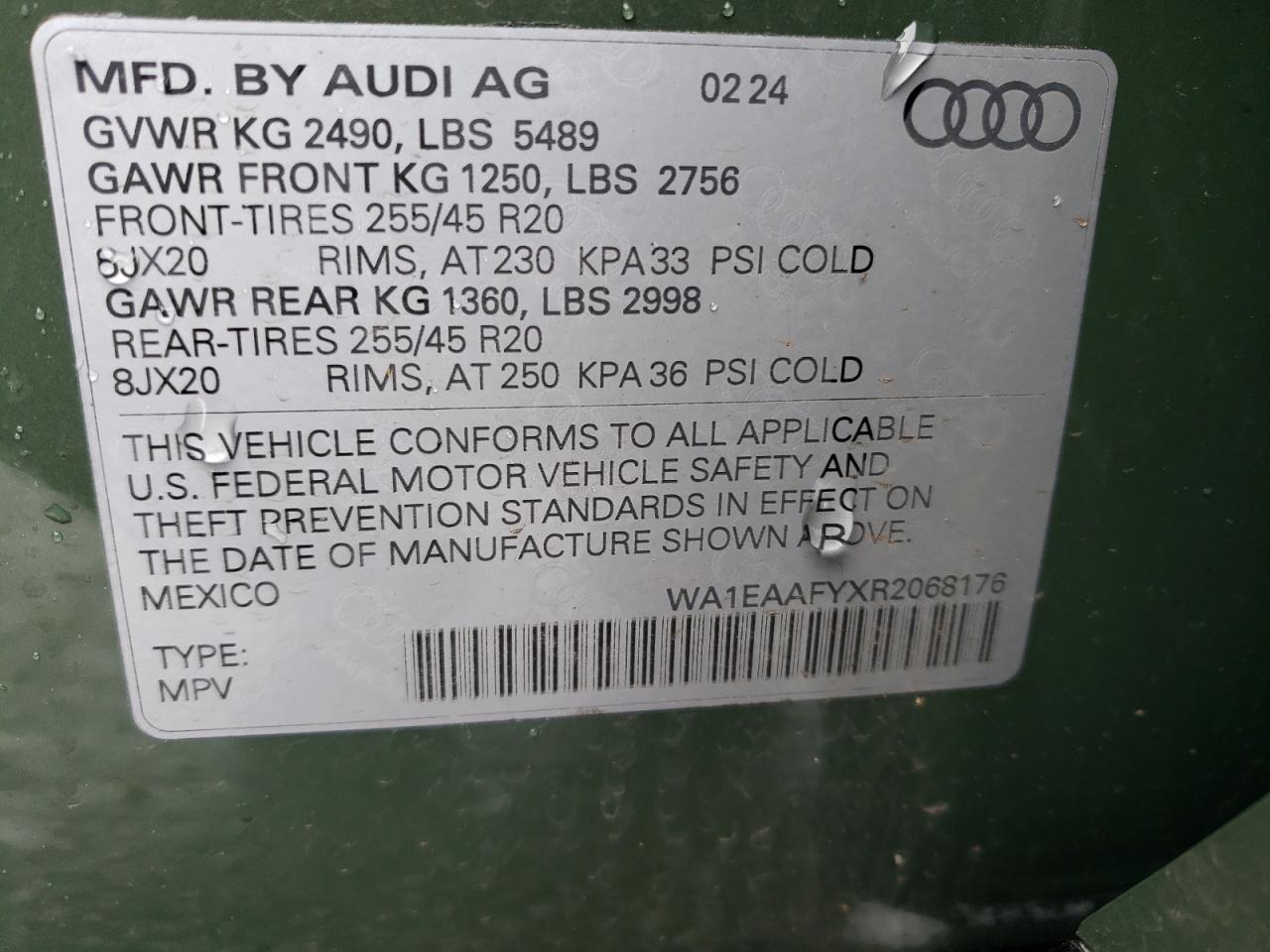 2024 Audi Q5 VIN WA1EAAFYXR2068176 Copart auction photo, front end / side damage thumbnail 15