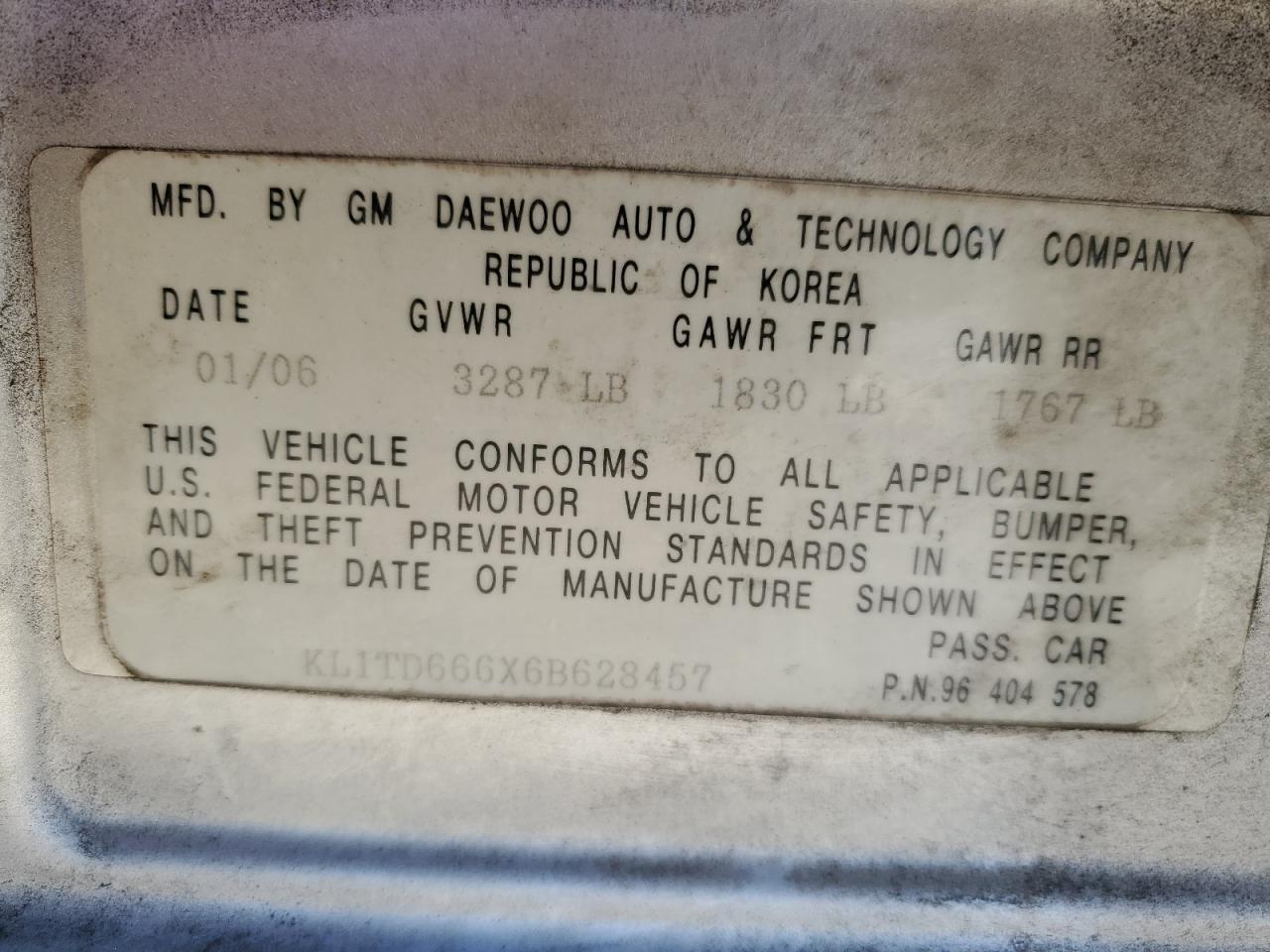 2006 Chevrolet Aveo VIN KL1TD666X6B628457 Copart auction photo, front end / minor dent/scratches damage thumbnail 13