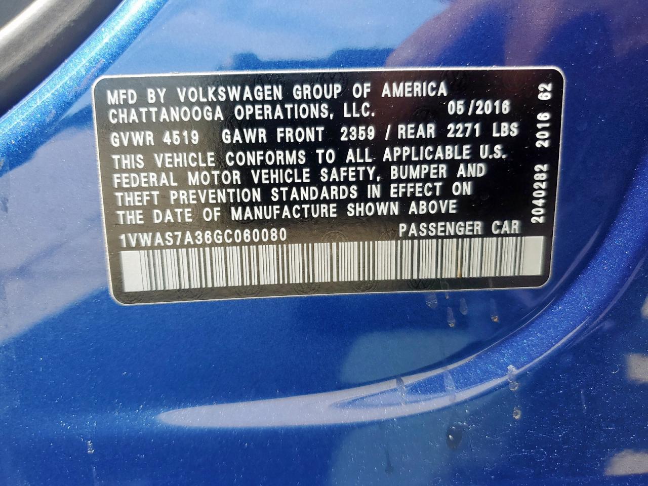 2016 Volkswagen Passat VIN 1VWAS7A36GC060080 Copart auction photo, front end damage thumbnail 12