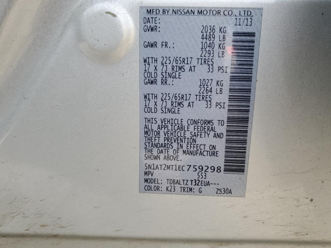 2014 Nissan Rogue VIN 5N1AT2MT1EC759298 Copart auction photo, front end / hail damage thumbnail 16