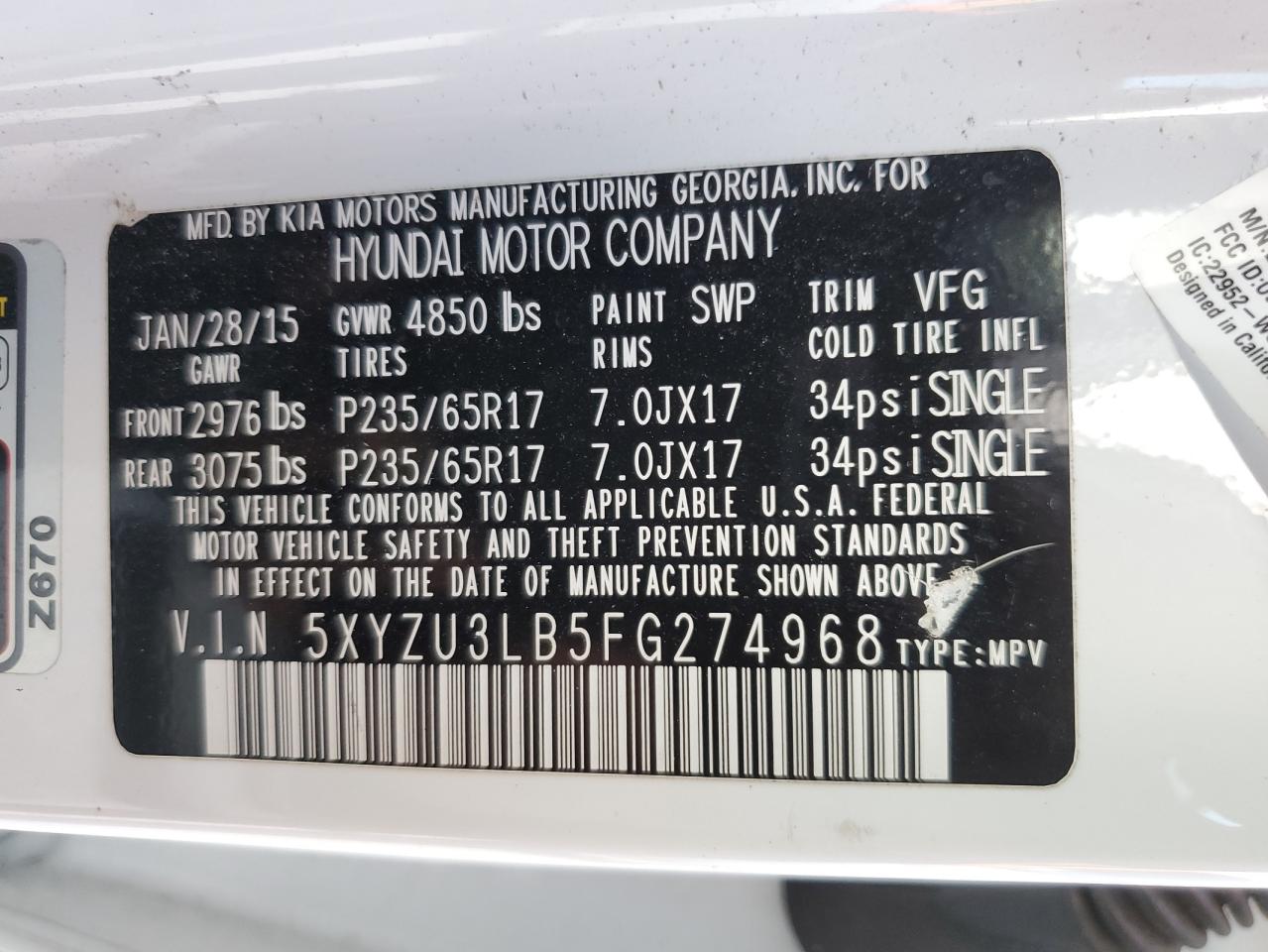2015 Hyundai Santa Fe VIN 5XYZU3LB5FG274968 Copart auction photo, water/flood damage thumbnail 14