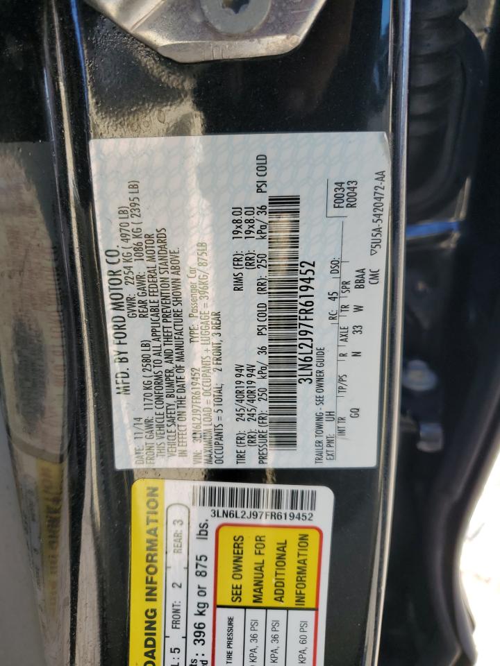 2015 Lincoln MKZ VIN 3LN6L2J97FR619452 Copart auction photo, front end damage thumbnail 14