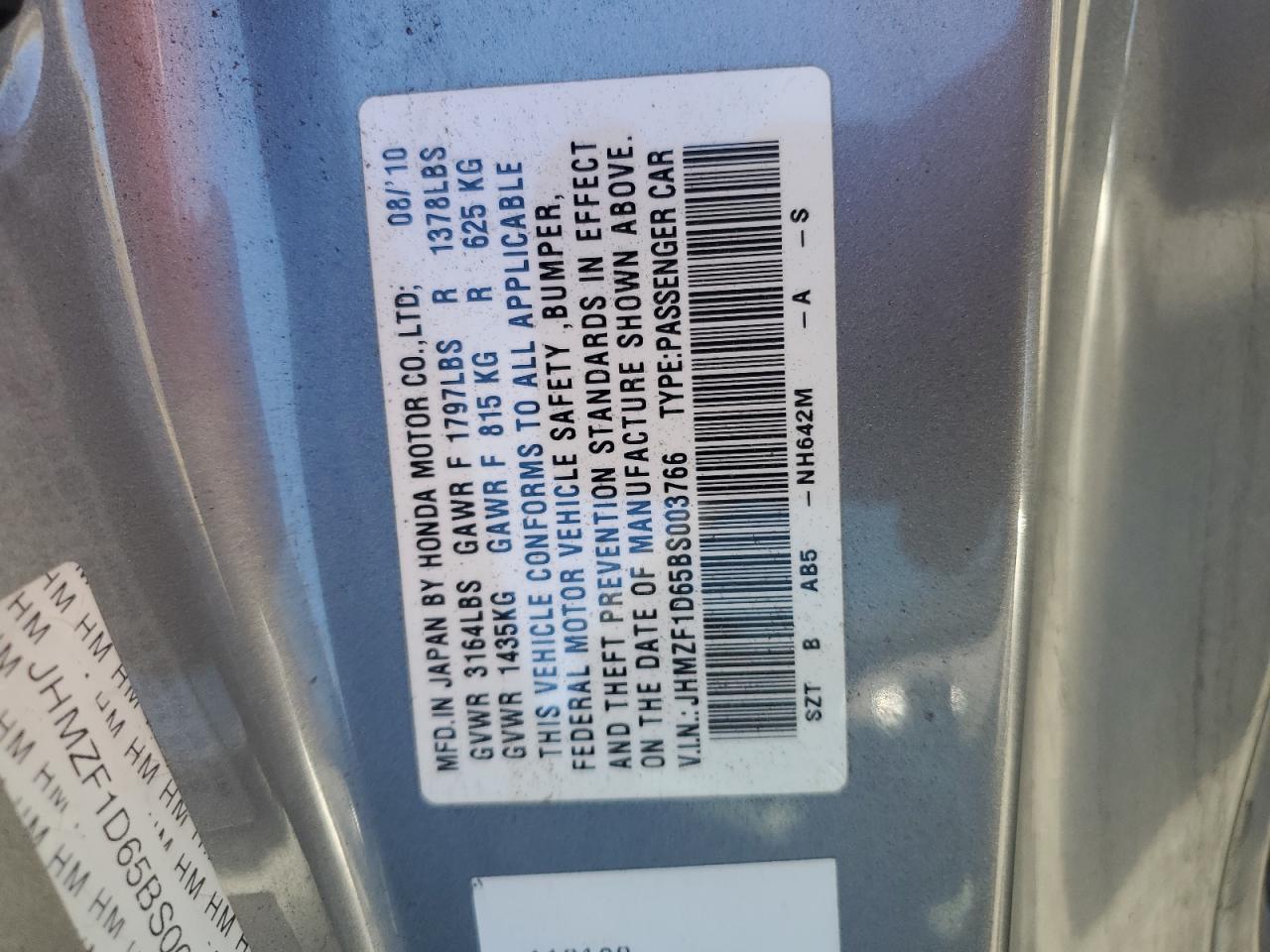 2011 Honda CR-Z VIN JHMZF1D65BS003766 Copart auction photo, mechanical / minor dent/scratches damage thumbnail 12