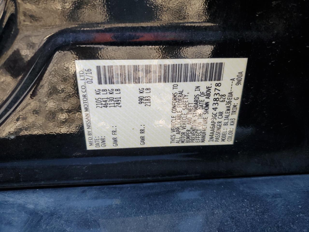 2016 Nissan Maxima VIN 1N4AA6AP3GC438378 Copart auction photo, rear end damage thumbnail 12