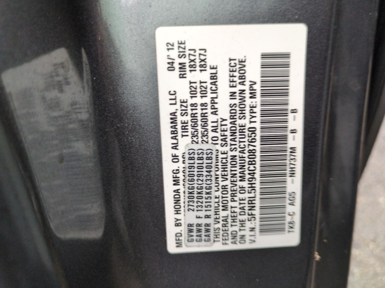 2012 Honda Odyssey VIN 5FNRL5H94CB087650 Copart auction photo, water/flood damage thumbnail 14