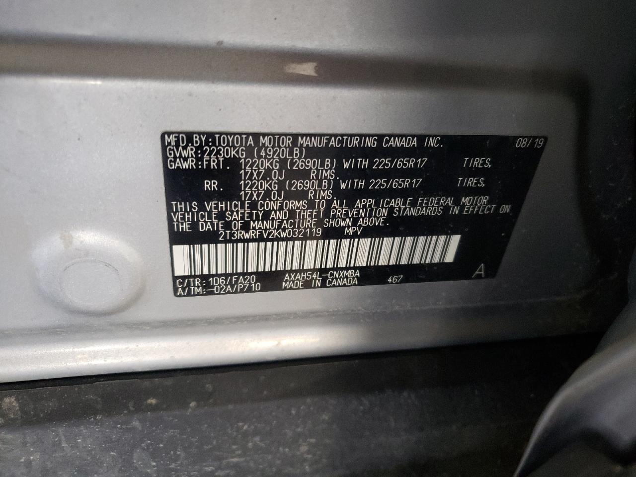 2019 Toyota RAV 4 VIN 2T3RWRFV2KW032119 Copart auction photo, front end / side damage thumbnail 13