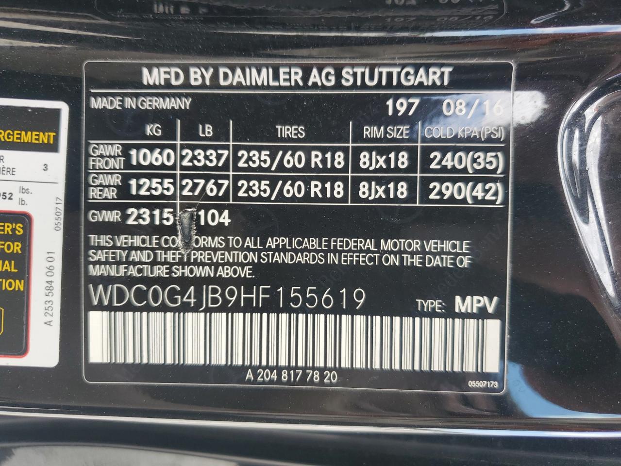 2017 Mercedes-Benz GLC VIN WDC0G4JB9HF155619 Copart auction photo, all over damage thumbnail 15