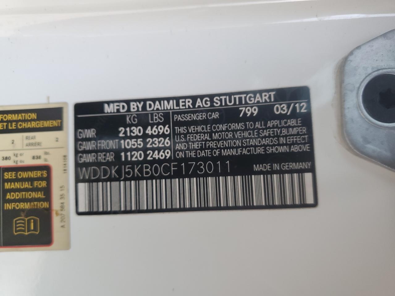 2012 Mercedes-Benz E-klasse VIN WDDKJ5KB0CF173011 Copart auction photo, front end damage thumbnail 12