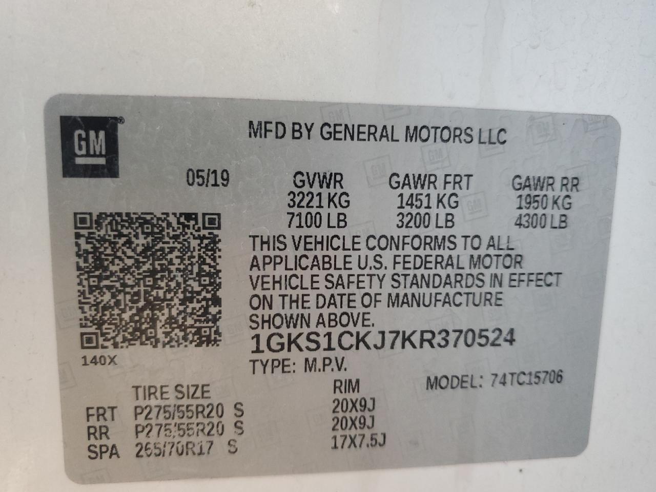 2019 GMC Yukon VIN 1GKS1CKJ7KR370524 Copart auction photo, front end / minor dent/scratches damage thumbnail 13