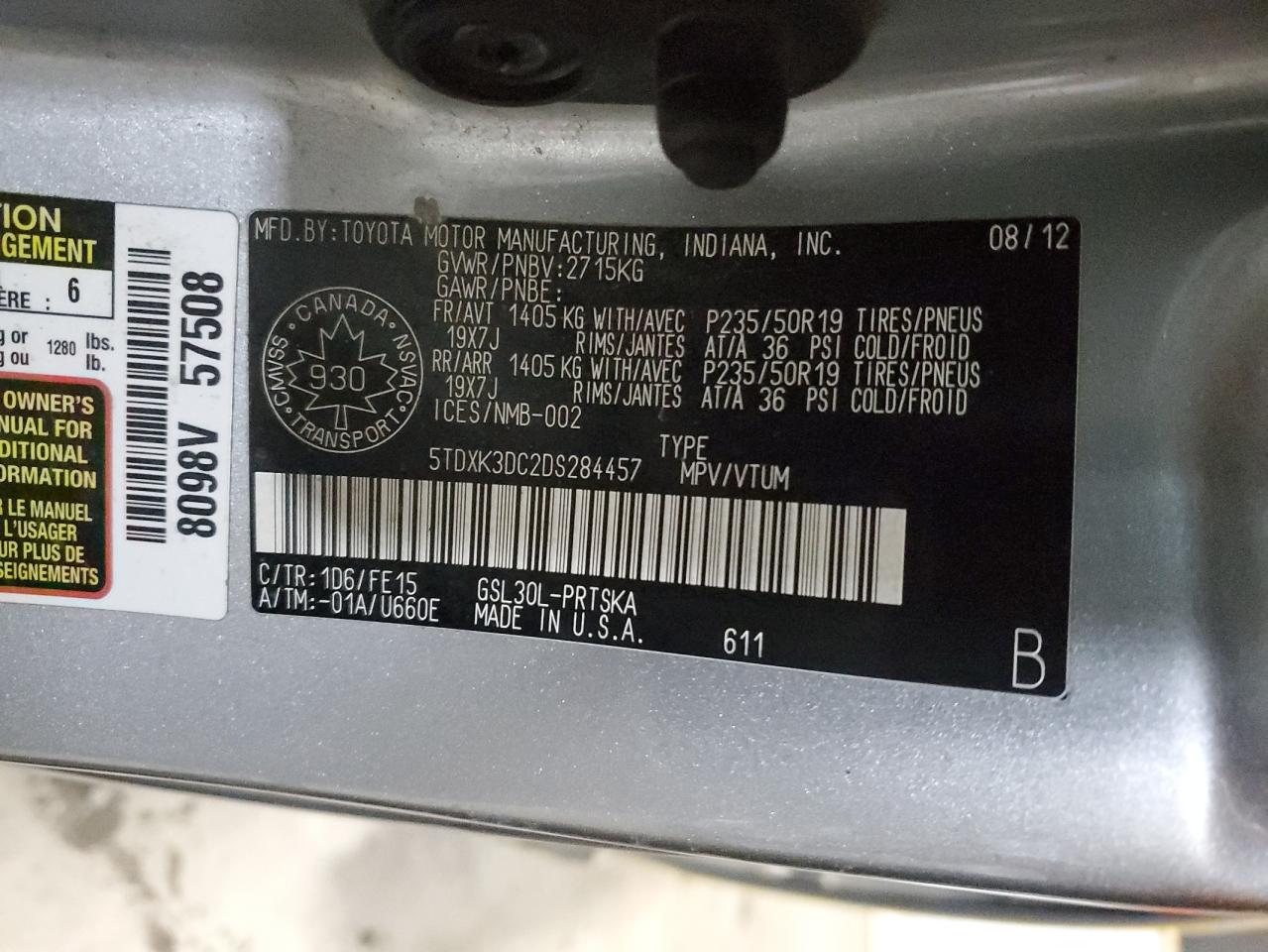 2013 Toyota Sienna VIN 5TDXK3DC2DS284457 Copart auction photo, front end / side damage thumbnail 14