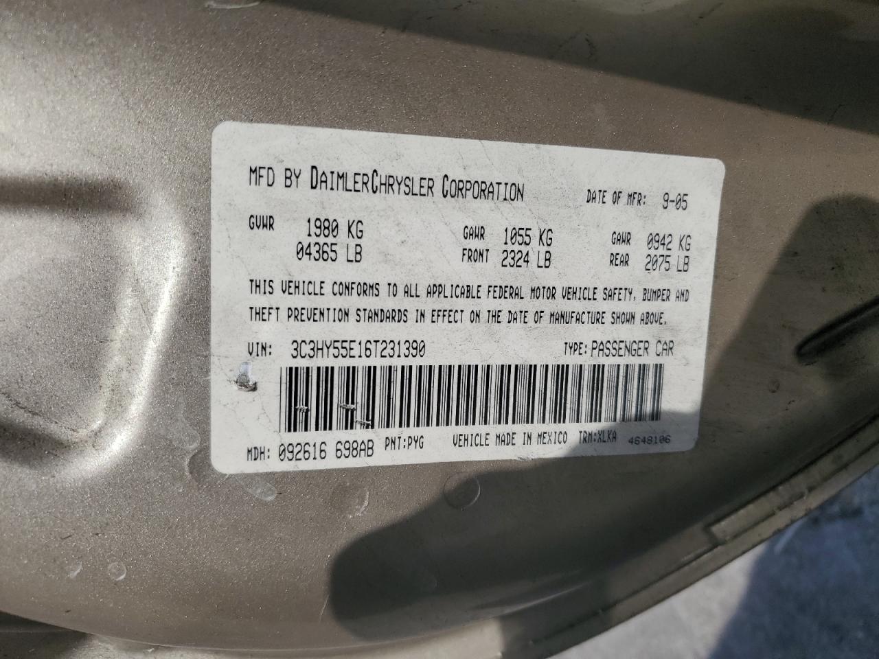 2006 Chrysler PT Cruiser VIN 3C3HY55E16T231390 Copart auction photo, all over damage thumbnail 12