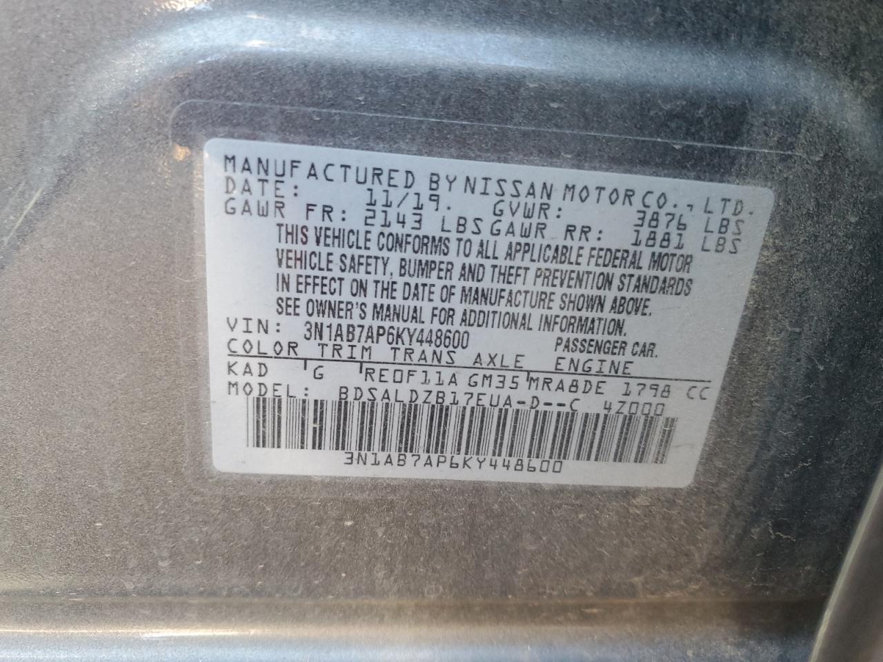 2019 Nissan Sentra VIN 3N1AB7AP6KY448600 Copart auction photo, front end / side damage thumbnail 12