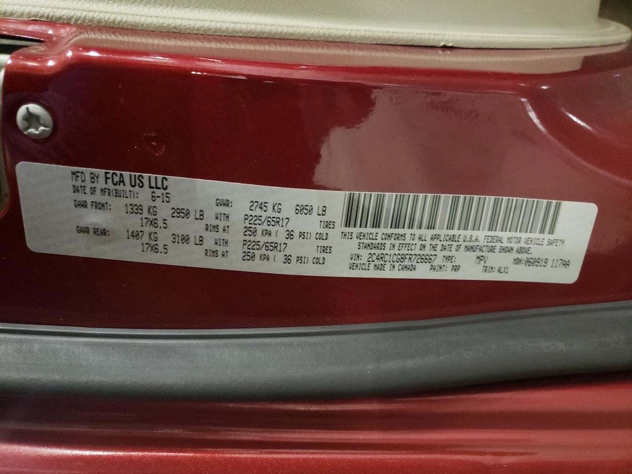 2015 Chrysler Town & Country VIN 2C4RC1CG8FR726667 Copart auction photo, side / front end damage thumbnail 13