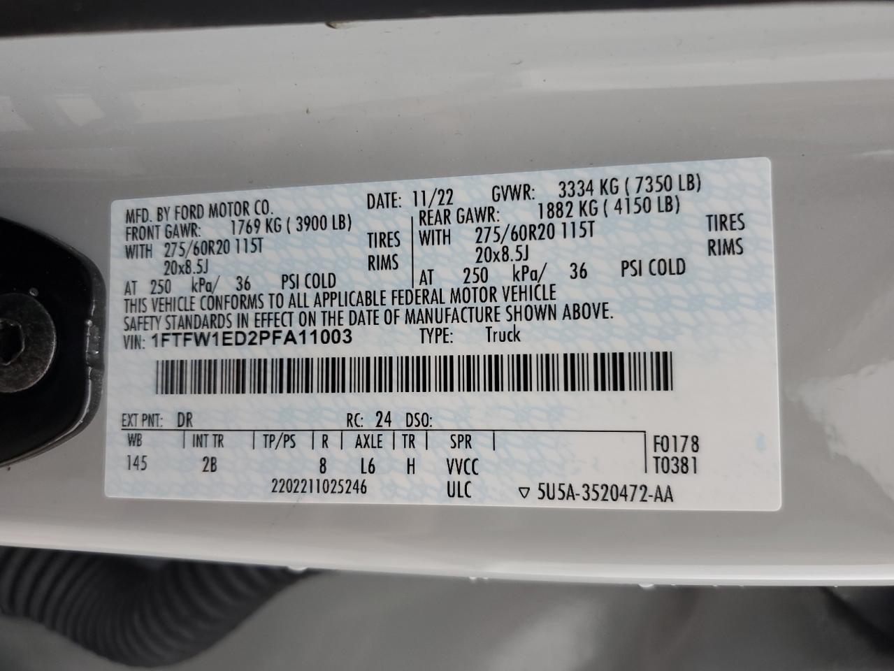 2023 Ford F-150 VIN 1FTFW1ED2PFA11003 Copart auction photo, front end / side damage thumbnail 12
