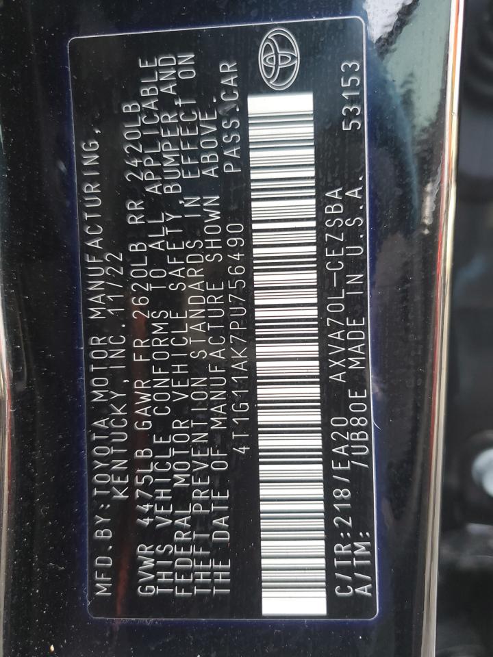 2023 Toyota Camry VIN 4T1G11AK7PU756490 Copart auction photo, front end damage thumbnail 12