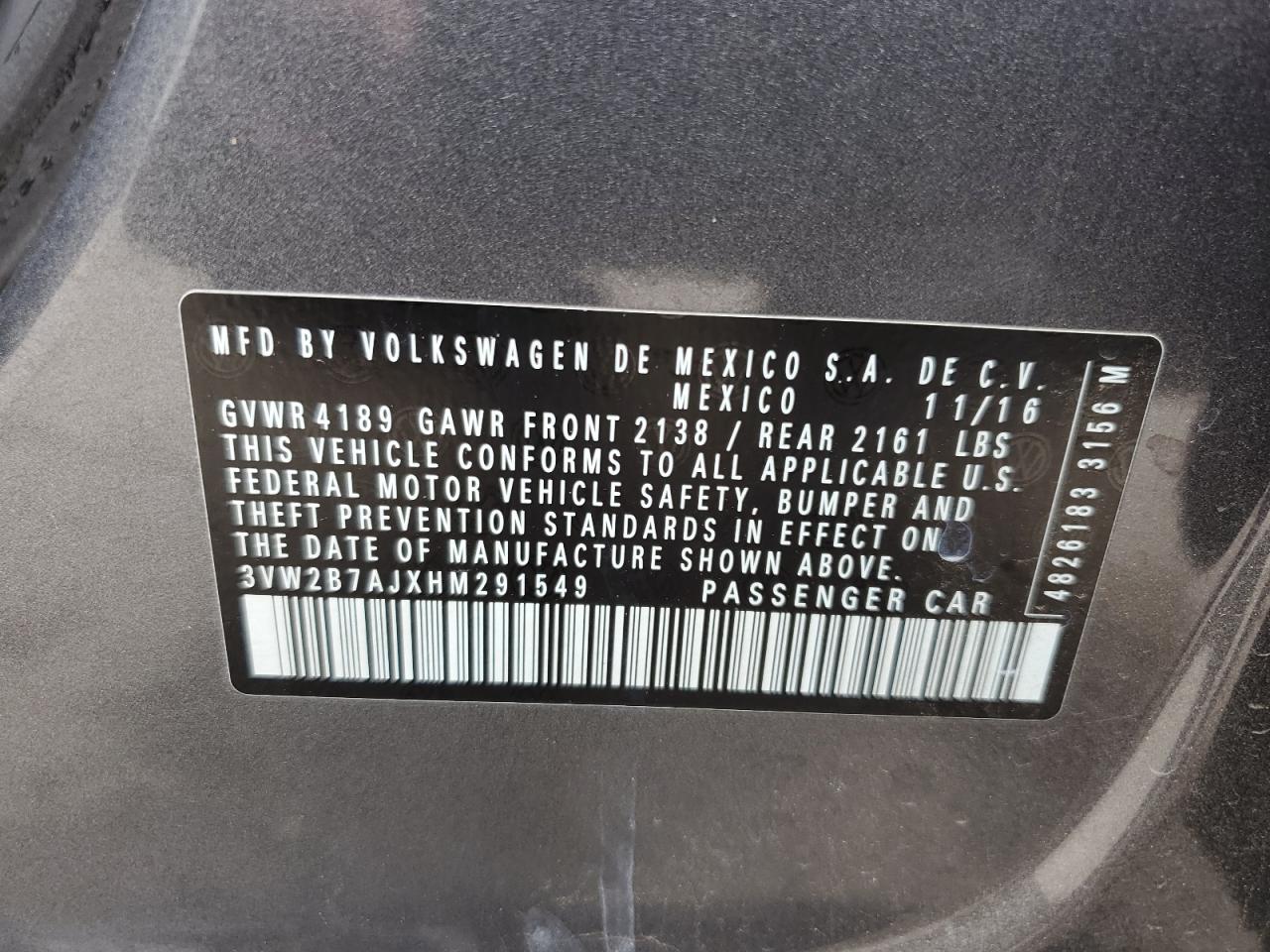 2017 Volkswagen Jetta VIN 3VW2B7AJXHM291549 Copart auction photo, side / unknown damage thumbnail 12
