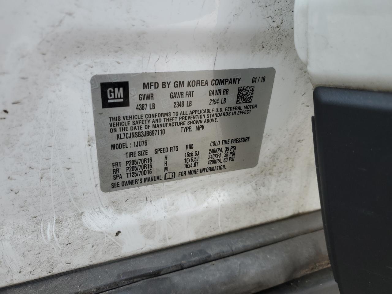2018 Chevrolet Trax VIN KL7CJNSB3JB697110 Copart auction photo, side damage thumbnail 13