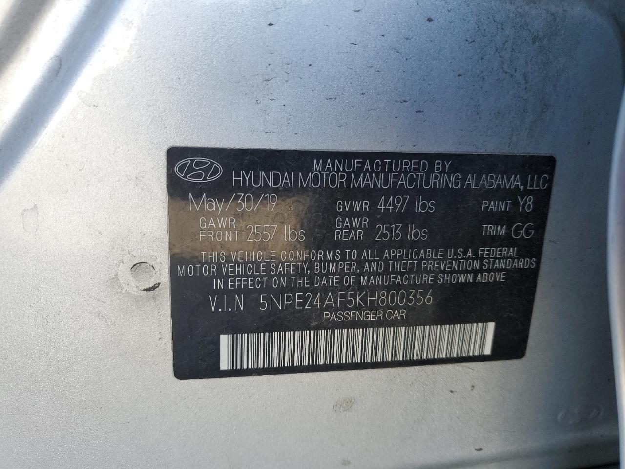 2019 Hyundai Sonata VIN 5NPE24AF5KH800356 Copart auction photo, front end / minor dent/scratches damage thumbnail 14
