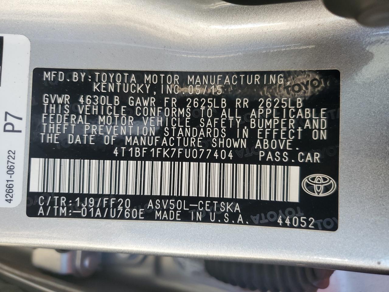2015 Toyota Camry VIN 4T1BF1FK7FU077404 Copart auction photo, front end / side damage thumbnail 12