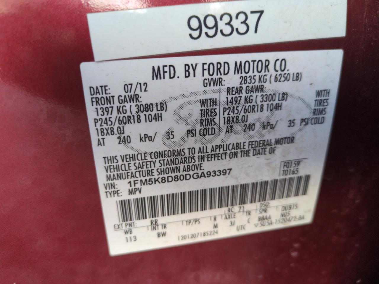 2013 Ford Explorer VIN 1FM5K8D80DGA93397 Copart auction photo, front end damage thumbnail 12
