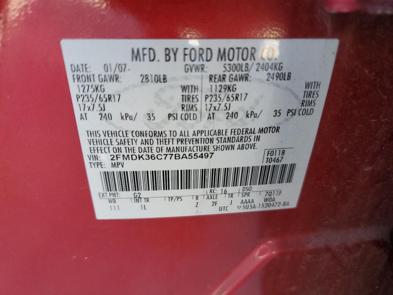 2007 Ford Edge VIN 2FMDK36C77BA55497 Copart auction photo, front end / minor dent/scratches damage thumbnail 13