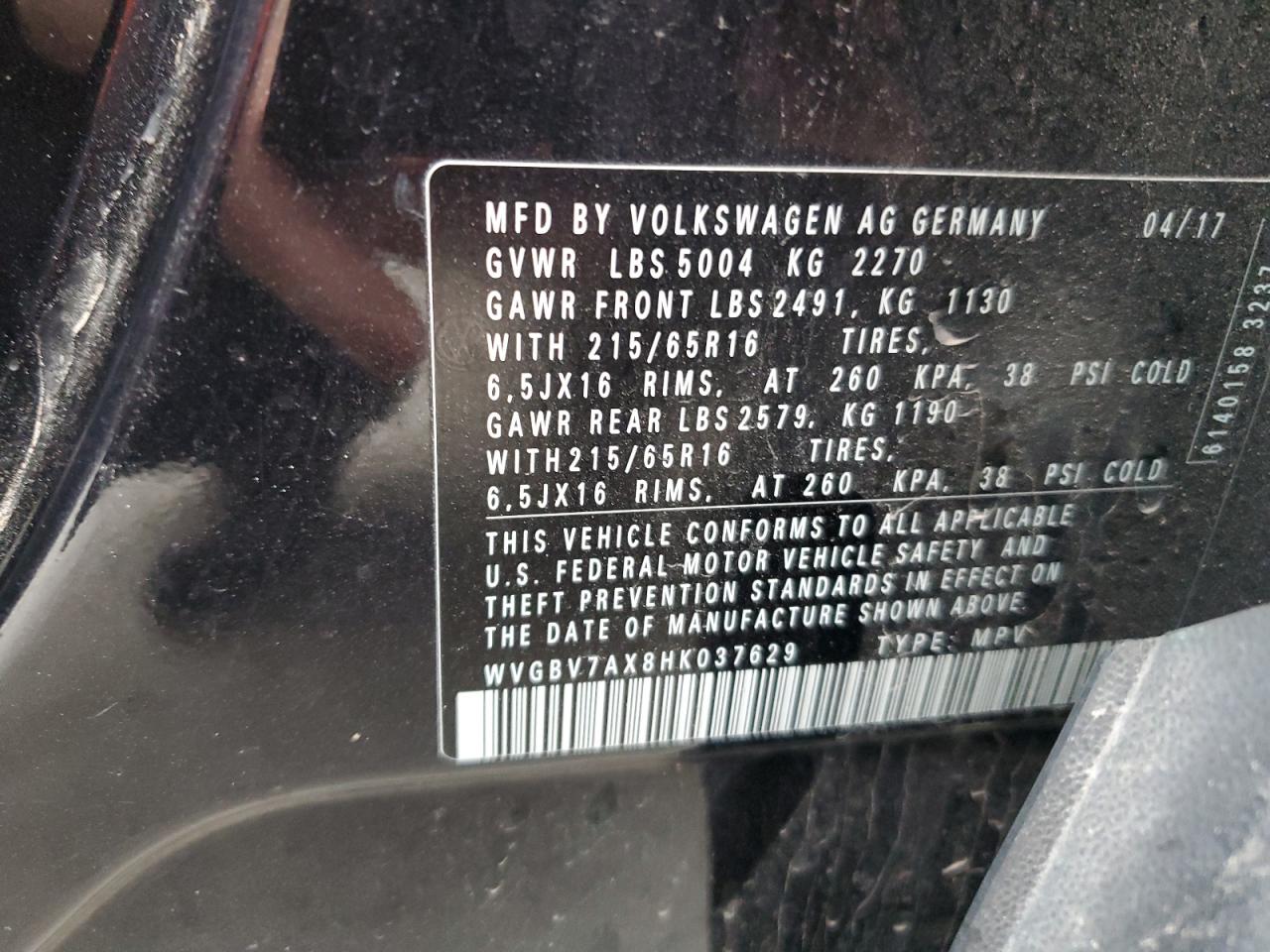 2017 Volkswagen Tiguan VIN WVGBV7AX8HK037629 Copart auction photo, front end damage thumbnail 16