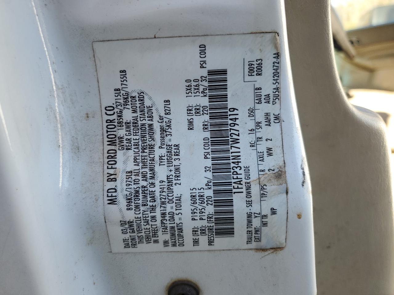 2007 Ford Focus VIN 1FAFP34N17W279419 Copart auction photo, front end damage thumbnail 12