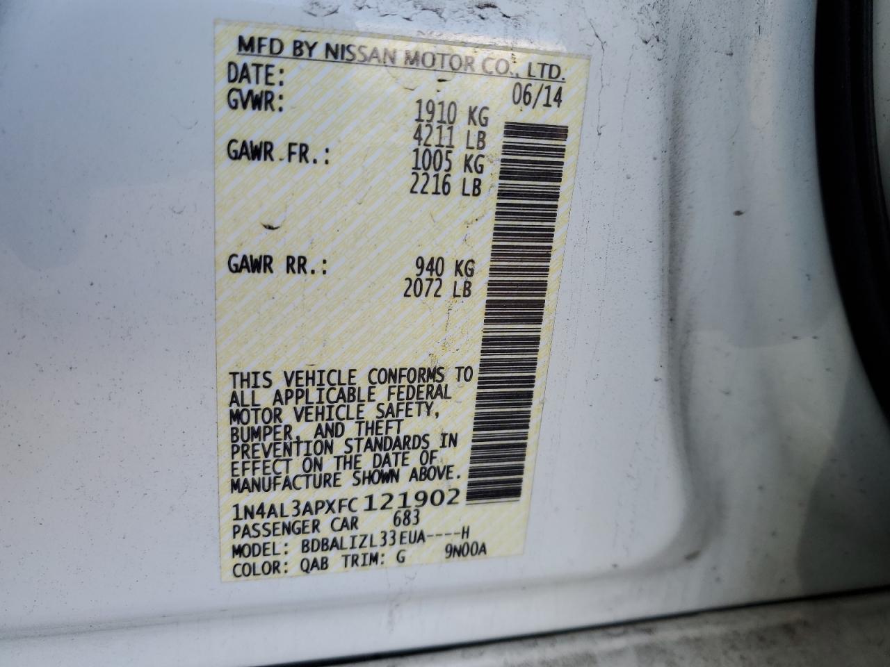 2015 Nissan Altima VIN 1N4AL3APXFC121902 Copart auction photo, vandalism / front end damage thumbnail 12