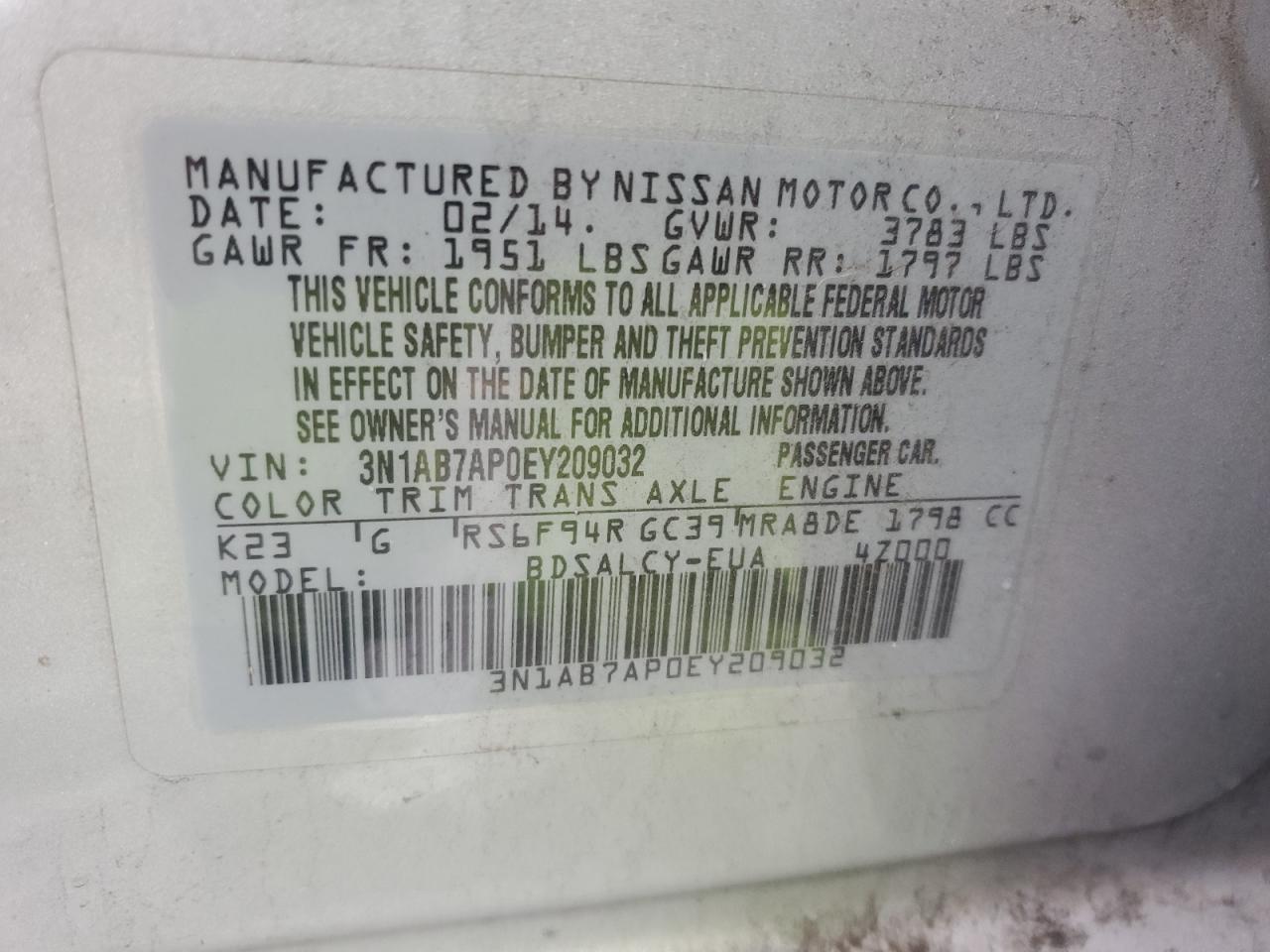 2014 Nissan Sentra VIN 3N1AB7AP0EY209032 Copart auction photo, front end damage thumbnail 13