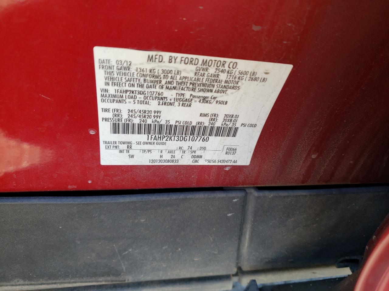 2013 Ford Taurus VIN 1FAHP2KT3DG107760 Copart auction photo, front end damage thumbnail 12