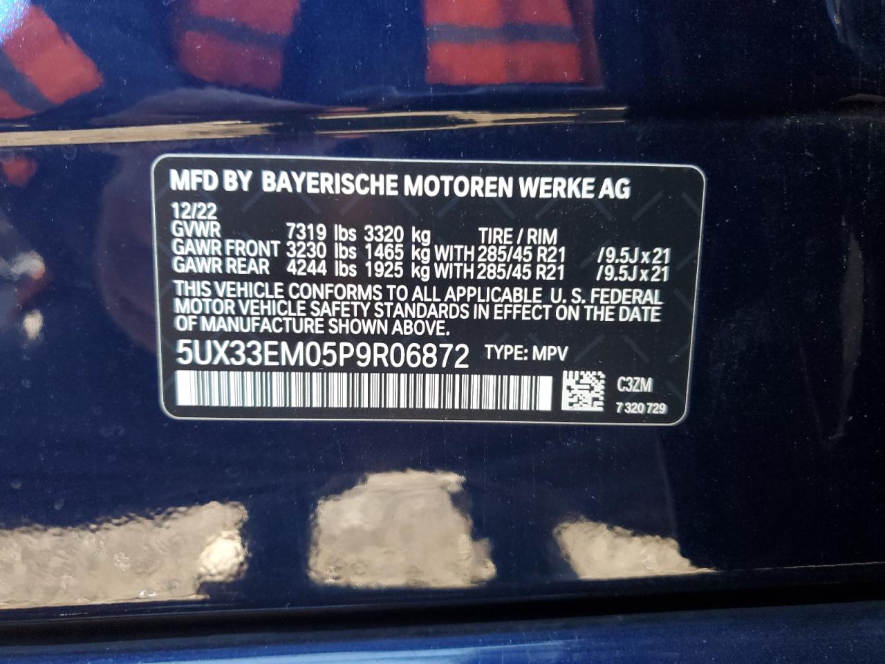 2023 BMW X7 VIN 5UX33EM05P9R06872 Copart auction photo, front end / rear end damage thumbnail 14