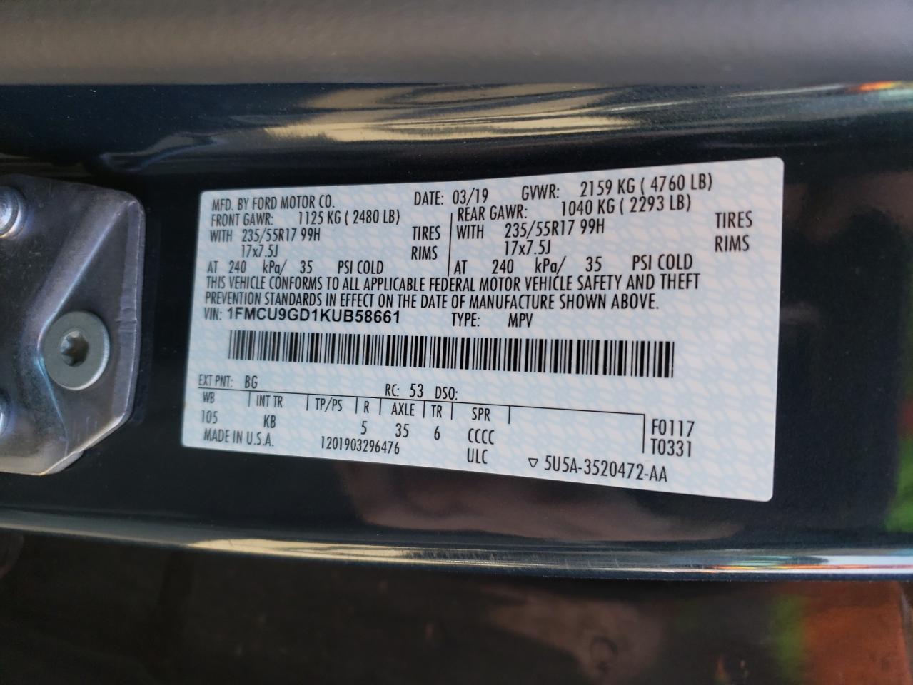 2019 Ford Escape VIN 1FMCU9GD1KUB58661 Copart auction photo, front end damage thumbnail 13