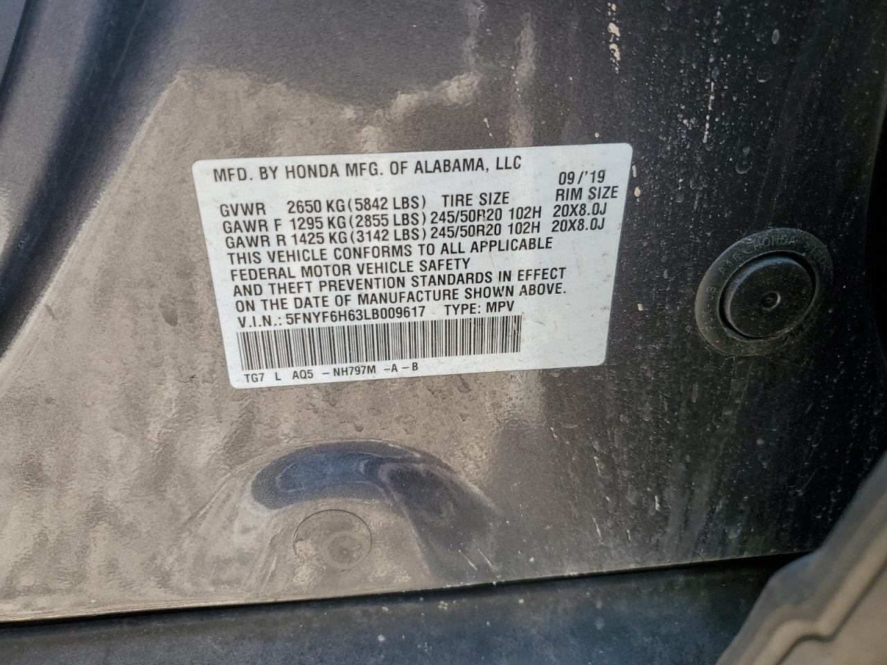 2020 Honda Pilot VIN 5FNYF6H63LB009617 Copart auction photo, all over damage thumbnail 13