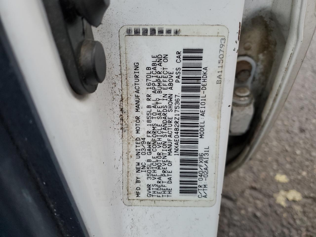 1994 Toyota Corolla VIN 1NXAE04B2RZ175367 Copart auction photo, all over damage thumbnail 12