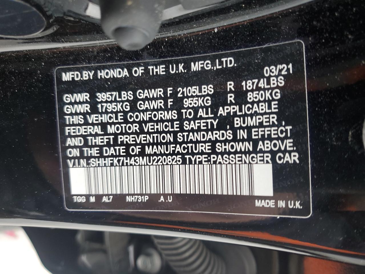 2021 Honda Civic VIN SHHFK7H43MU220825 Copart auction photo, front end damage thumbnail 13