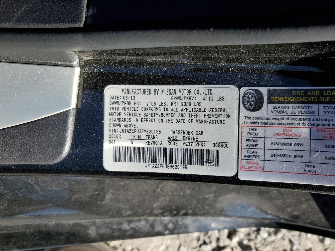 2014 Nissan 370Z VIN JN1AZ4FH3EM620195 Copart auction photo, rear end damage thumbnail 14
