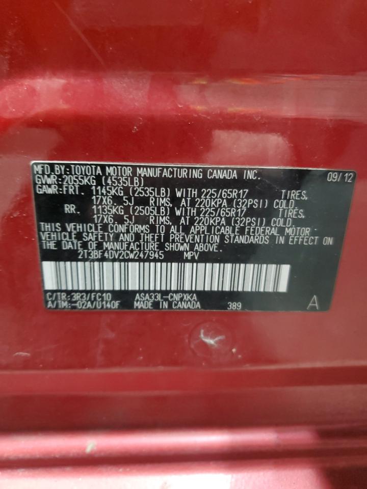 2012 Toyota RAV 4 VIN 2T3BF4DV2CW247945 Copart auction photo, rear end / front end damage thumbnail 13