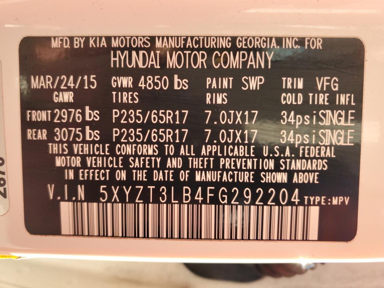 2015 Hyundai Santa Fe VIN 5XYZT3LB4FG292204 Copart auction photo, front end damage thumbnail 13