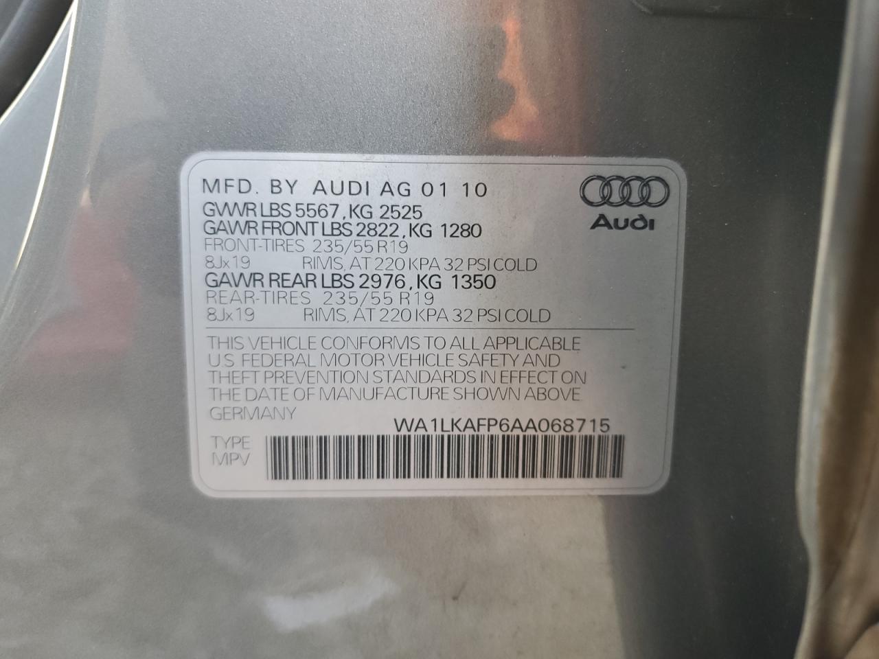 2010 Audi Q5 VIN WA1LKAFP6AA068715 Copart auction photo, front end damage thumbnail 15