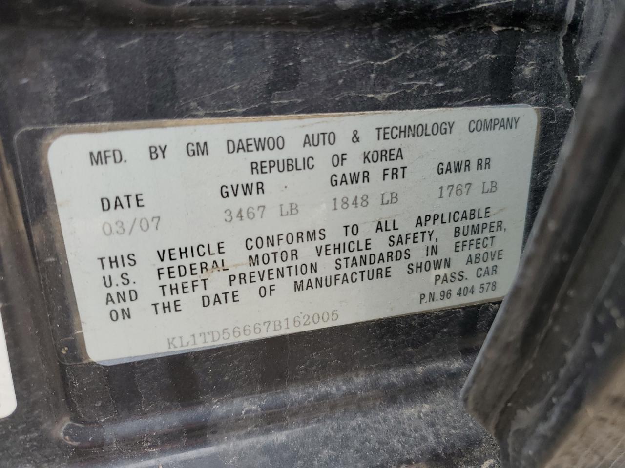 2007 Chevrolet Aveo VIN KL1TD56667B162005 Copart auction photo, front end damage thumbnail 12