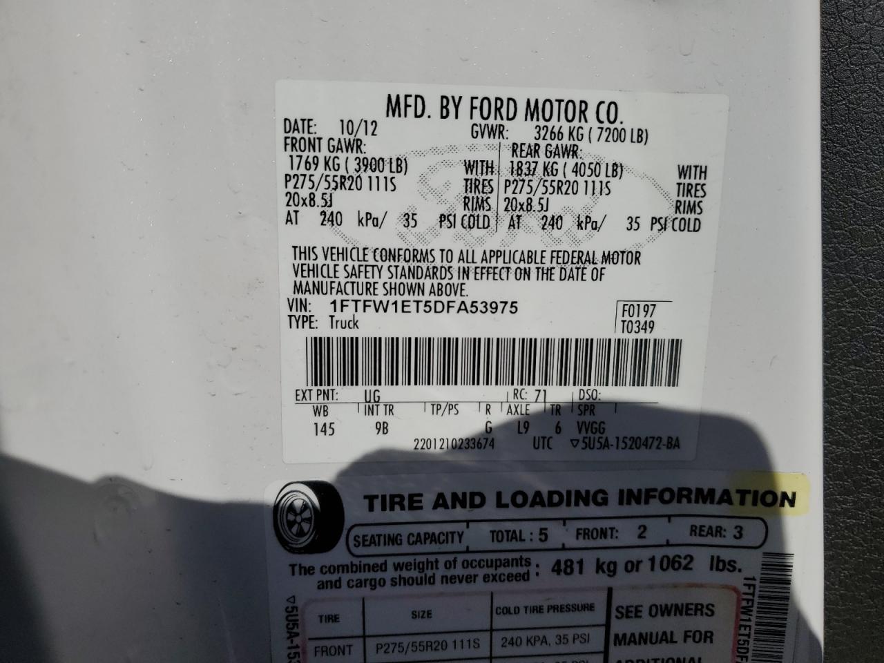 2013 Ford F-150 VIN 1FTFW1ET5DFA53975 Copart auction photo, front end / side damage thumbnail 14